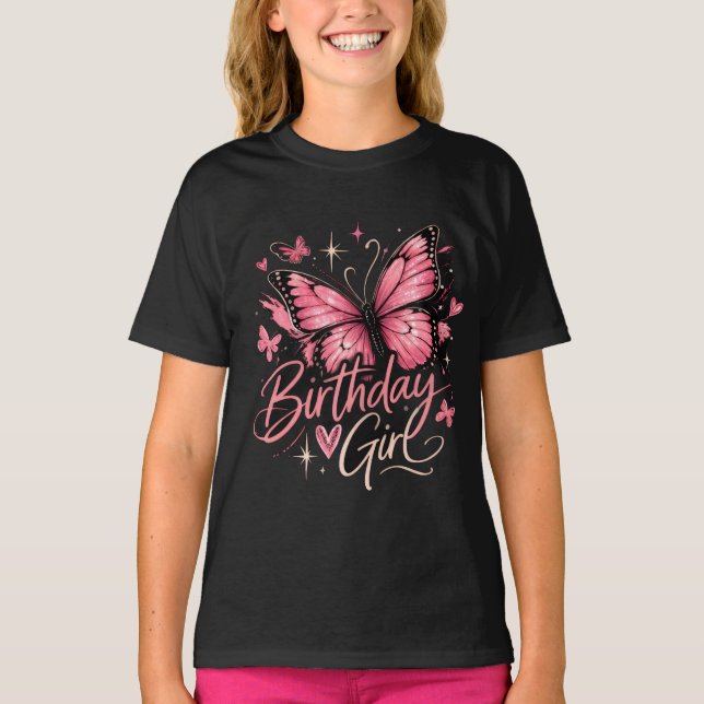 Camiseta te Pink Butterfly Birthday Tee for Teen Girls (Frente)