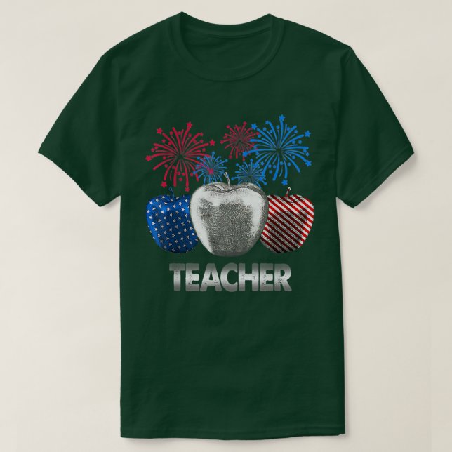 Camiseta Teacher Apple Firework American Flag T-Shirt (Frente do Design)