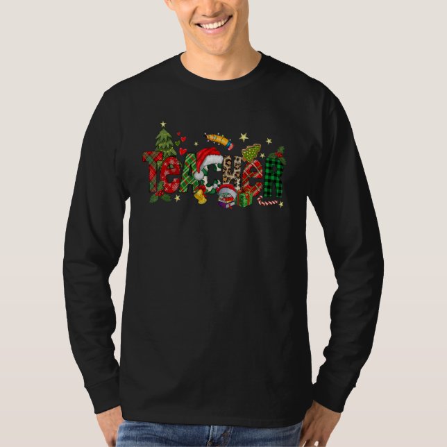 Camiseta Teacher Christmas Books Santa Leopard Plaid Cakes  (Frente)
