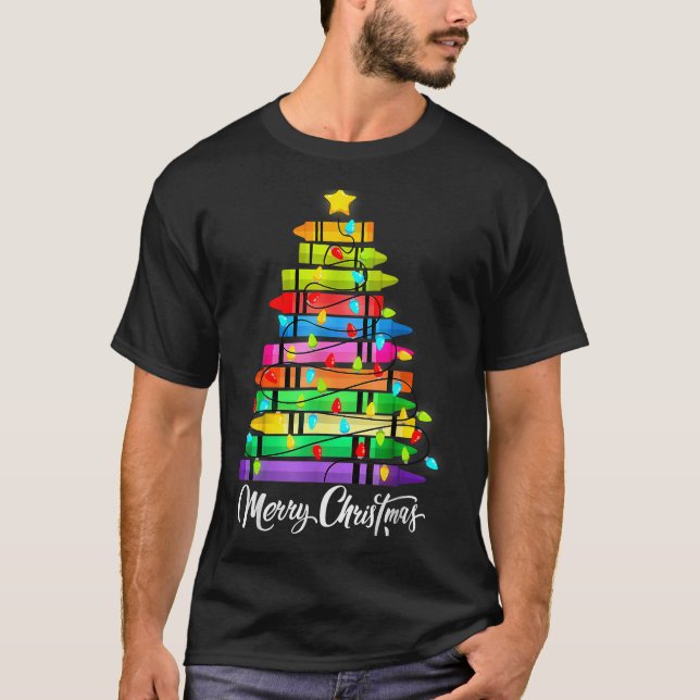 Camiseta Teacher Crayon Merry Christmas Tree Lights School  (Frente)