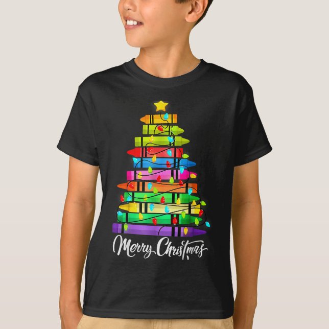 Camiseta Teacher Crayon Merry Christmas Tree Lights School  (Frente)
