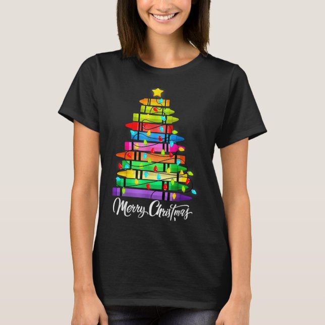Camiseta Teacher Crayon Merry Christmas Tree Lights School  (Frente)