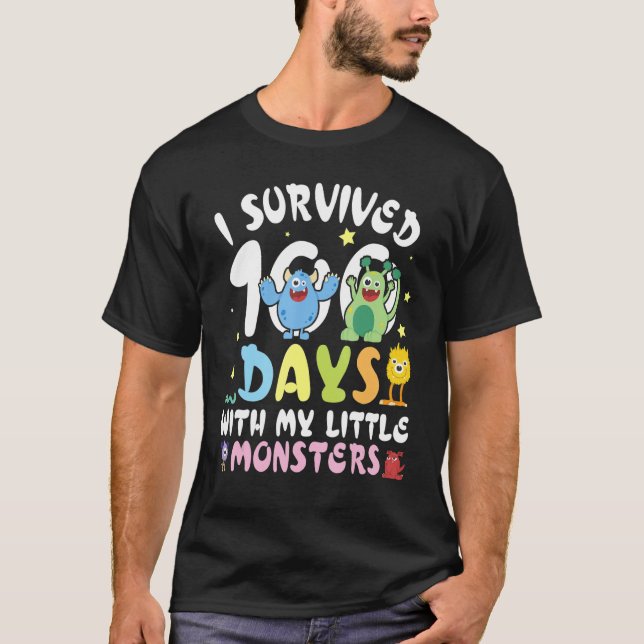 Camiseta Teacher I Survived 100 Days With My Little Monster (Frente)