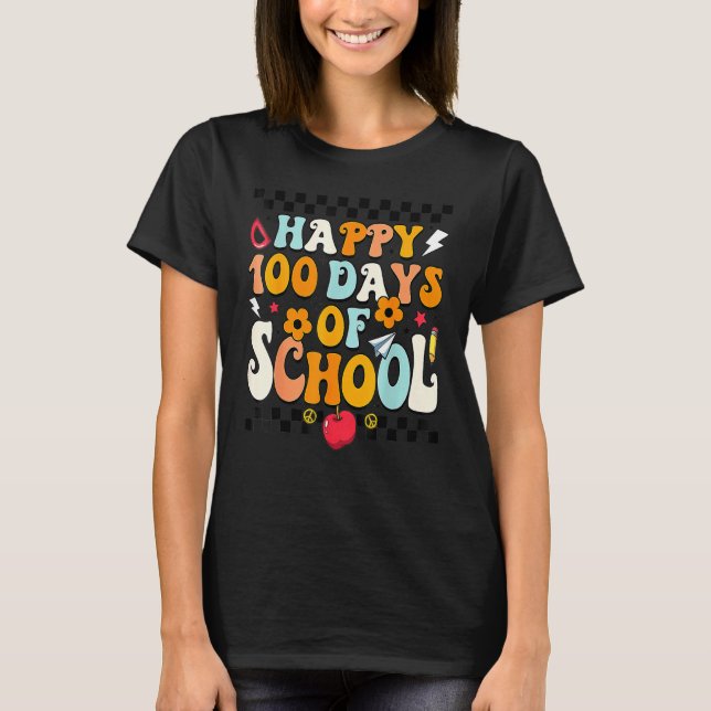 Camiseta Teacher Kids Retro Groovy 100 Days Happy 100th Day (Frente)