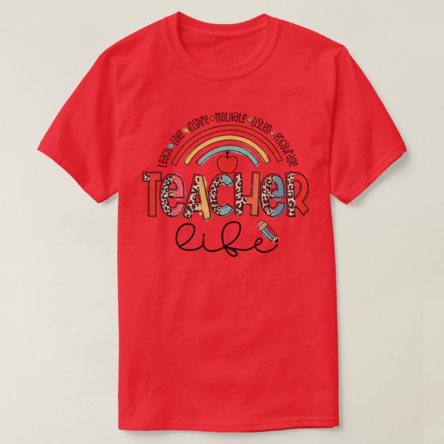Camiseta Teacher Life Leopard Rainbow Last Day of School Te (Frente do Design)