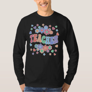 Camiseta TEACHER-Retro Groovy, Flores, Corações, Estrelas