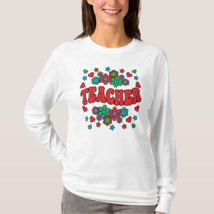 Camiseta TEACHER-Retro Groovy, Flores, Corações, Estrelas