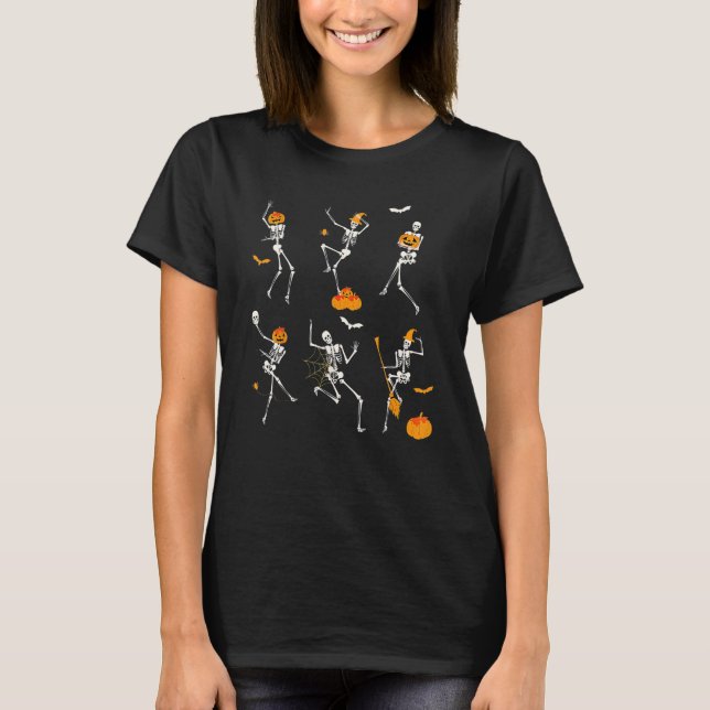 Camiseta Teacher Squad Retro Halloween Skeleton Dance Pumpk (Frente)