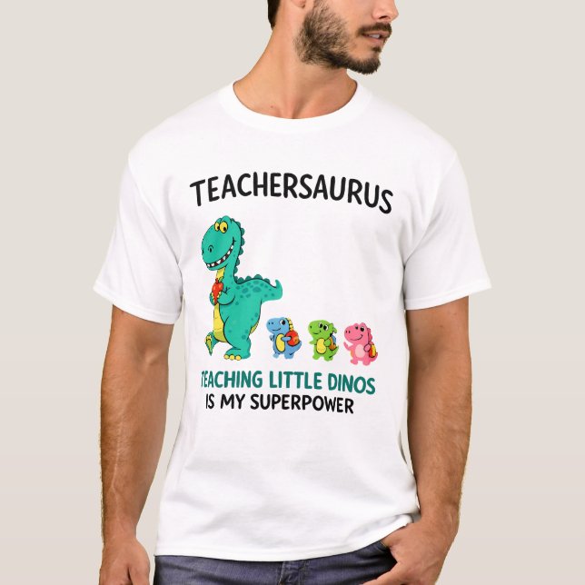 Camiseta Teachersaurus humor de professor com pequenos dino (Frente)