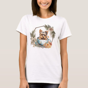 Camiseta Teacup Yorkie em Dourado quadro e Rosas
