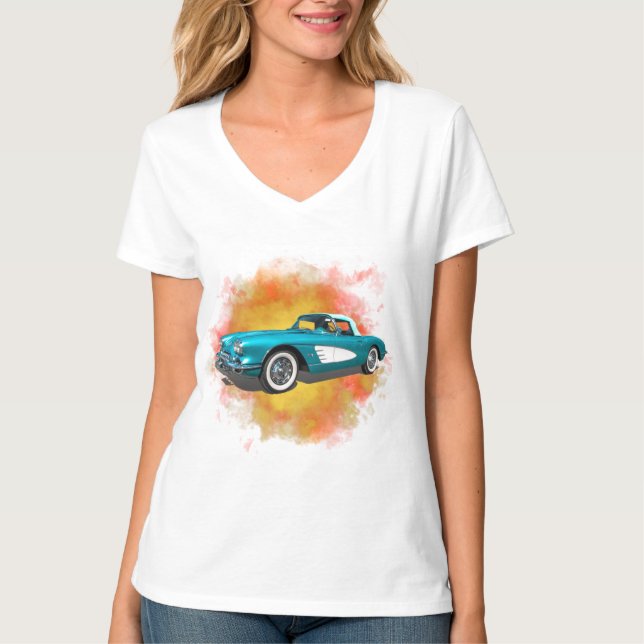 Camiseta Teal 59 Carro Vermelho Corvette Explosão (Frente)