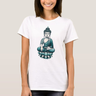 Camiseta Teal Buddha em uma pose de lótus