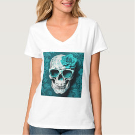 Camiseta Teal Floral 3D Morto Caveira vestindo óculos escur