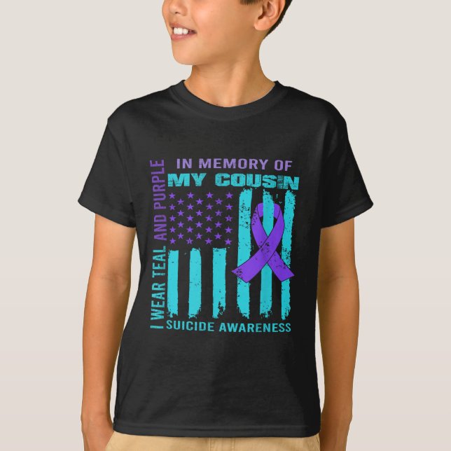Camiseta Teal Purple Ribbon Suicide Awareness Flag Cousin B (Frente)