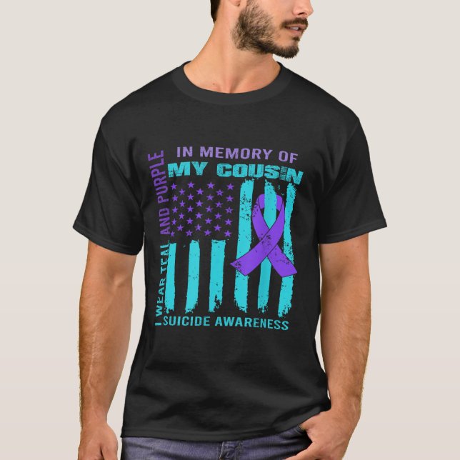Camiseta Teal Purple Ribbon Suicide Awareness Flag Cousin B (Frente)