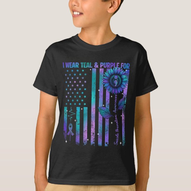 Camiseta Teal Purple Us Usa Flag Suicide Prevention Awarene (Frente)