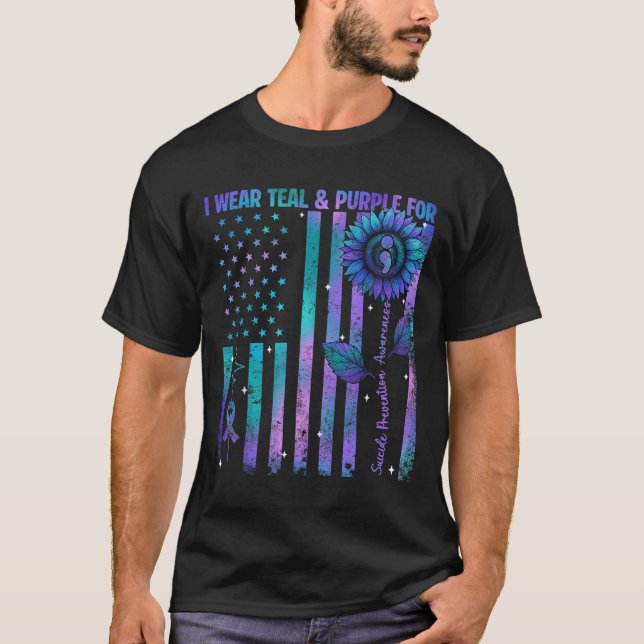 Camiseta Teal Purple Us Usa Flag Suicide Prevention Awarene (Frente)