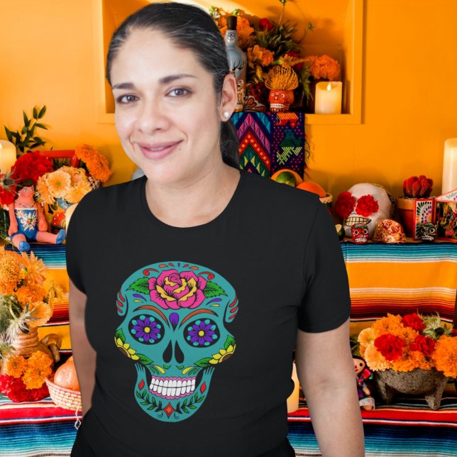 Camiseta Teal Sugar Skull Dia de los Muertos (Criador carregado)