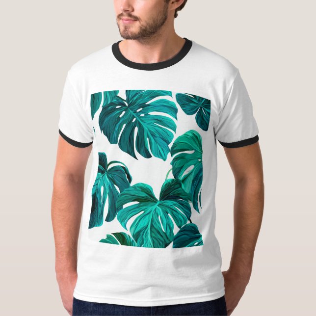 Camiseta Teal Tropical Monstera Leaf Seamless Pattern Art (Frente)