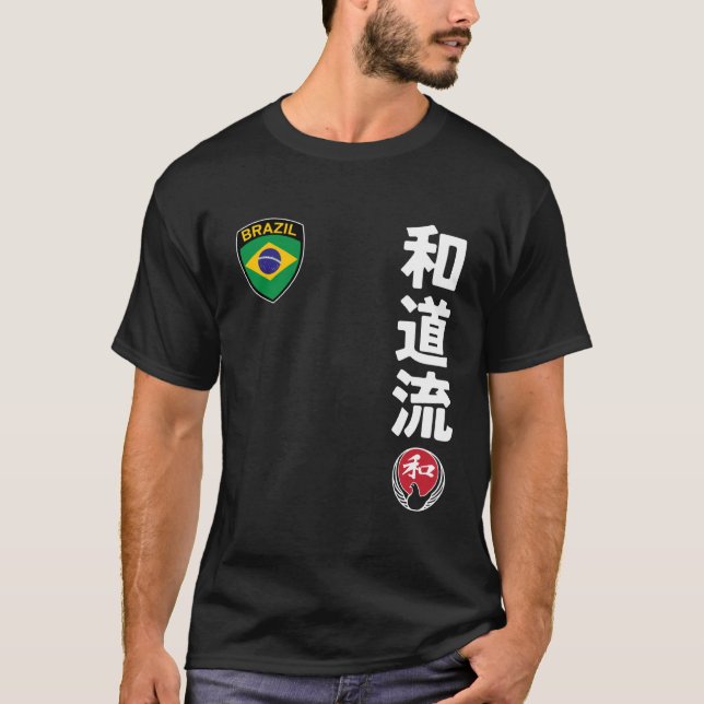 Camiseta Team Karate Wado Ryu Brazil Flag Kanji Japanese Ma (Frente)