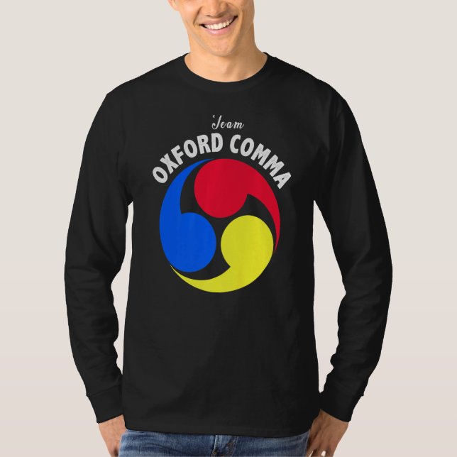 Camiseta Team Oxford Comma Engraçado Clube de Nerd de Gramá (Frente)