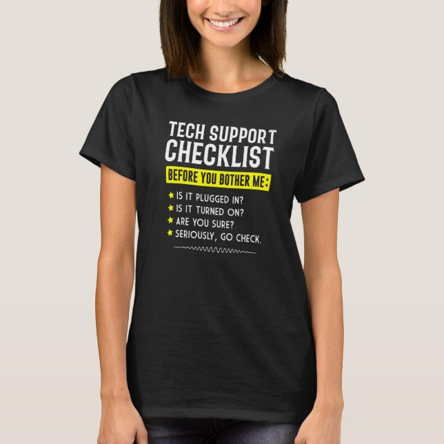 Camiseta Tech Support Checklist  Computer Geek Sysadmin Pre (Frente)