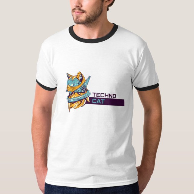 Camiseta "Techno Cat - T-Shirt Funky Futurística" (Frente)