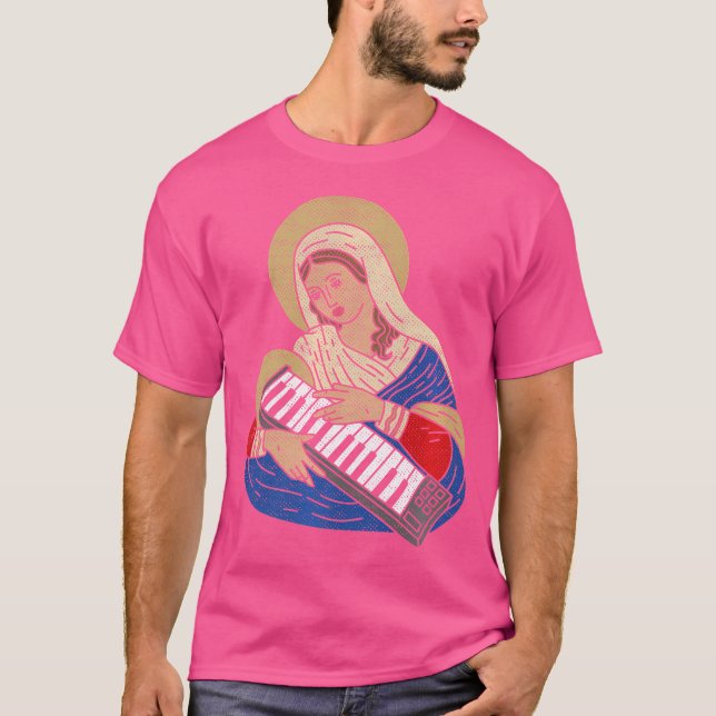 Camiseta Techno Dj Virgin Mary Com Um Sintesizador Áudio 80 (Frente)