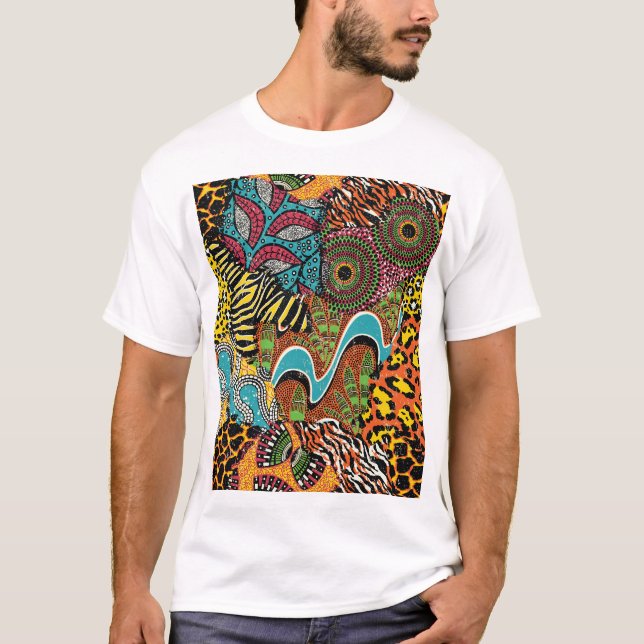 Camiseta Tecido Africano: Patchwork para animais selvagens. (Frente)