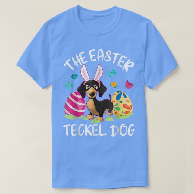 Camiseta Teckel Dog Bunny Dançando Ovos Felizes A Páscoa Te (Frente do Design)