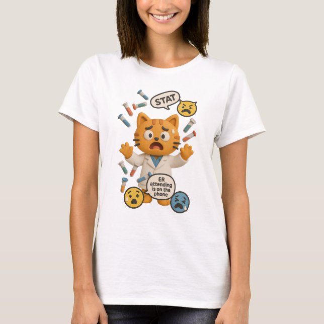 Camiseta Técnico de Laboratório Clínico Gato Executando Mui (Frente)