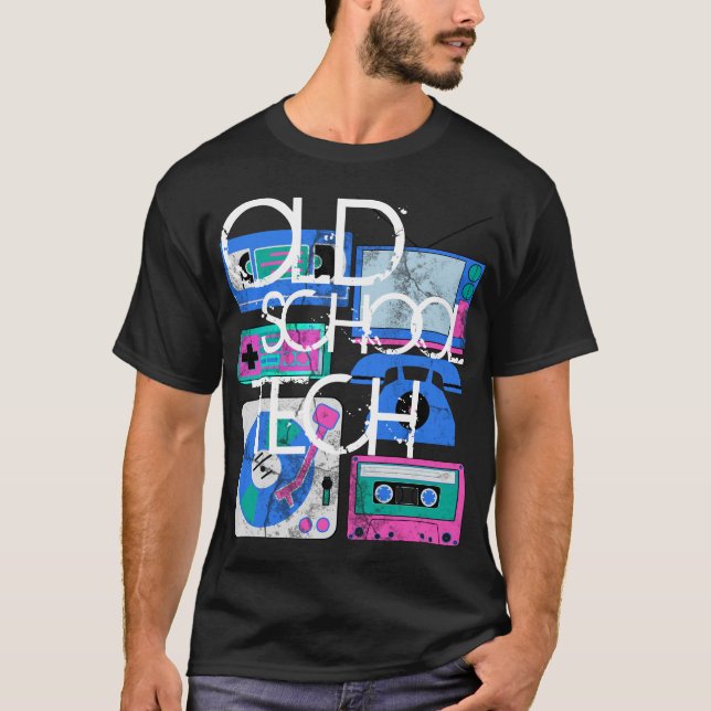 Camiseta Tecnologia da velha escola, t-shirt 80s pretos (Frente)