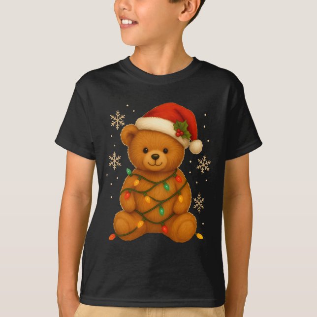 Camiseta Teddy Bear Christmas Tree Lights Santa Hat For Bea (Frente)