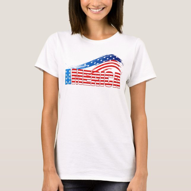 Camiseta Tee básico feminino - AMÉRICA em Estrelas Stripes (Frente)