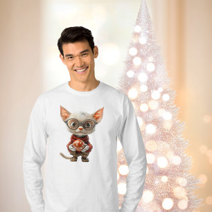Camiseta Tee de Gato de Natal de Mão Vermelha