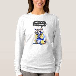 Camiseta Tee Raccoon sorridente - "O que há no seu lixo?"