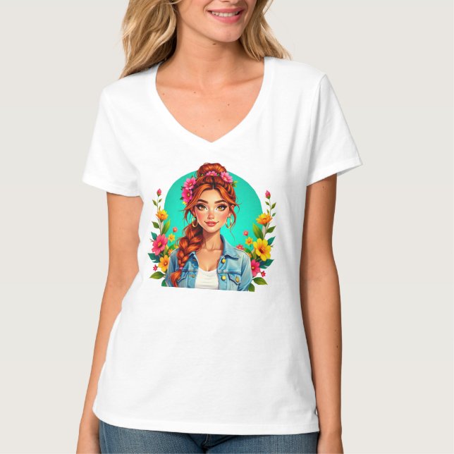 Camiseta Teen Girl Aestic - Retrato de Cartoon Floral (Frente)