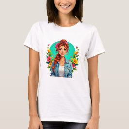 Camiseta Teen Girl Aestic - Retrato de Cartoon Floral