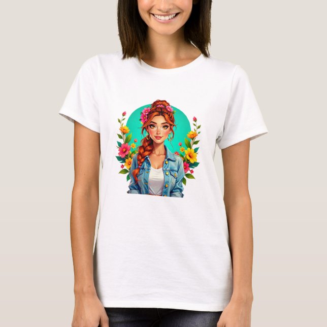 Camiseta Teen Girl Aestic - Retrato de Cartoon Floral (Frente)