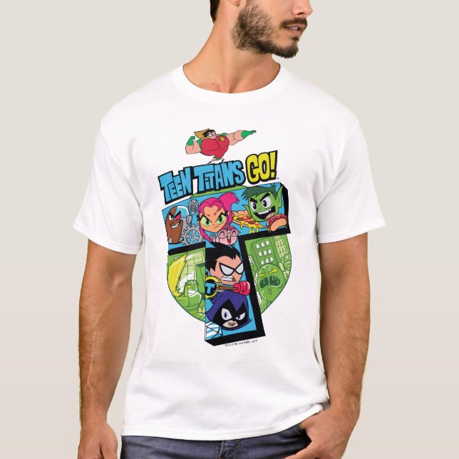 Camiseta Teen Titans Go! | Colagem em Torre de Titãs (Frente)