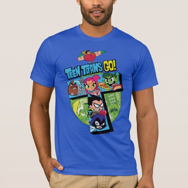 Camiseta Teen Titans Go! | Colagem em Torre de Titãs (Frente)