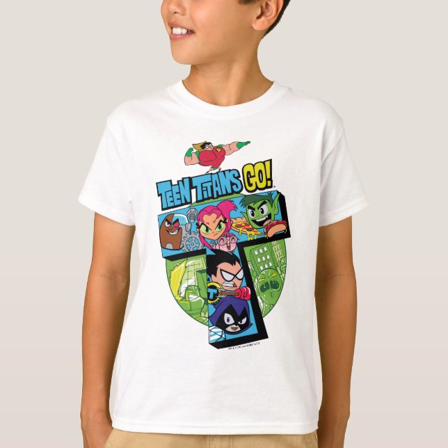 Camiseta Teen Titans Go! | Colagem em Torre de Titãs (Frente)