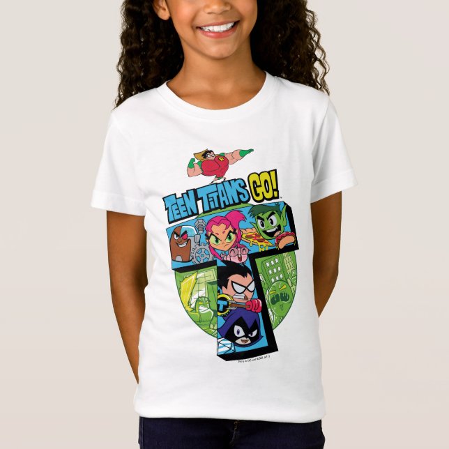 Camiseta Teen Titans Go! | Colagem em Torre de Titãs (Frente)