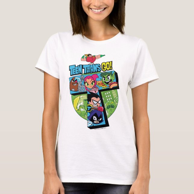 Camiseta Teen Titans Go! | Colagem em Torre de Titãs (Frente)