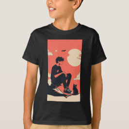 Camiseta Teenager sitting on skateboard and next to his cat