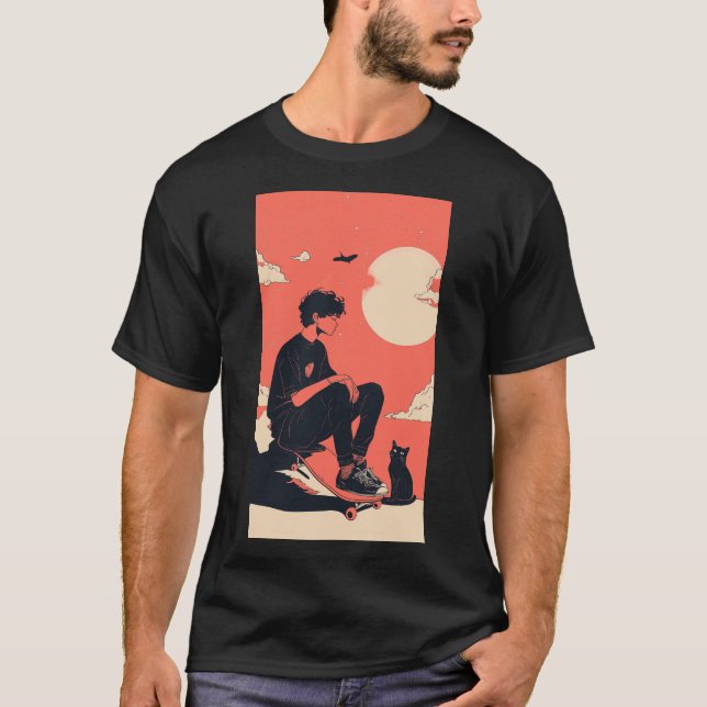 Camiseta Teenager sitting on skateboard and next to his cat (Frente)