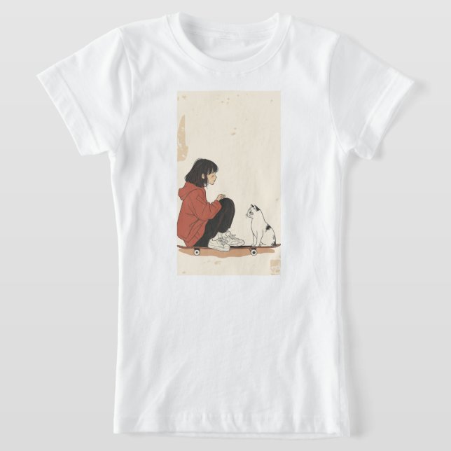 Camiseta Teenager sitting on skateboard and next to his cat (Postura )
