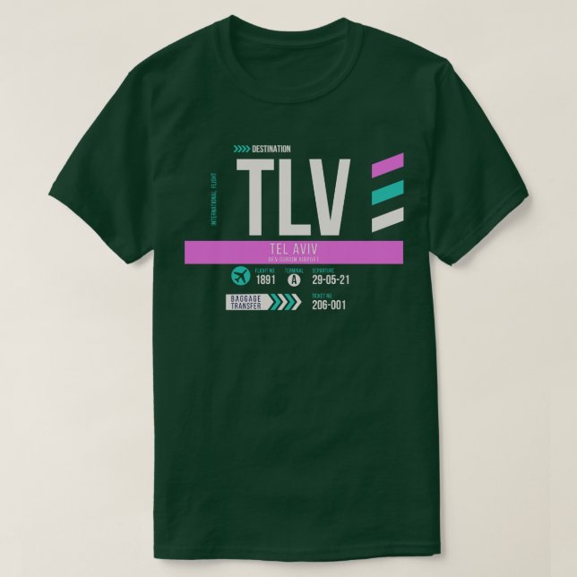 Camiseta Tel Aviv TLV — Código de Bagagem do Aeroporto 1 (Frente do Design)