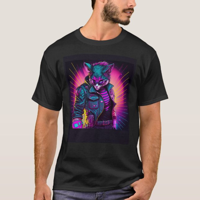 Camiseta Tela de Retro 80s do Cat Synthwave (Frente)
