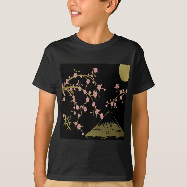 Camiseta Tela Dourada Black Japonesa Rosa Sakura (Frente)